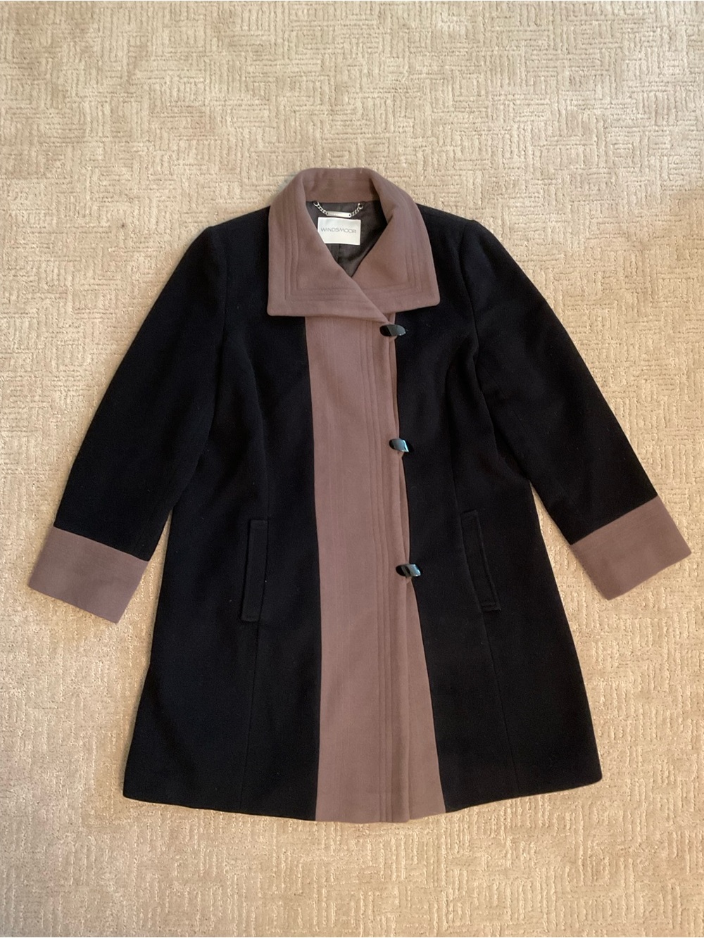 Windsmoor Women Wool Cashmere Blend Pea Coat Black Taupe 12 L EUC Old Money Soft